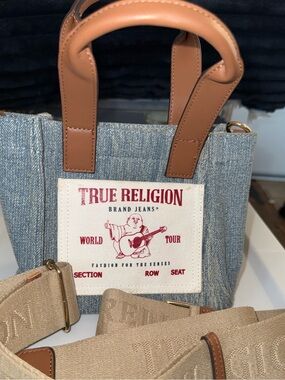 True Religion Light Blue Denim Tote with Tan Leather Handles
